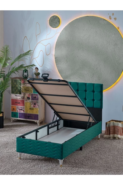 Beehanem Bengü 90x190 Tek Kişilik (Baza+Başlık+Yatak) 3 Lü Set (Yeşil) - 3