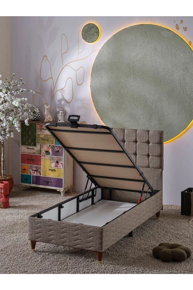 Beehanem Bengü 90x190 Tek Kişilik (Baza+Başlık+Yatak) 3 Lü Set(Keten Kahve) - 3