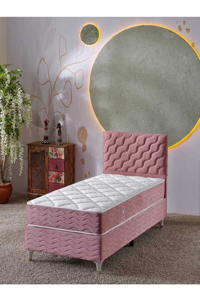 Beehanem Simge 90x190 Tek Kişilik (Baza+Başlık+Yatak) 3 Lü Set (Pembe)