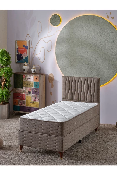 Beehanem Almula 90x190 Tek Kişilik (Baza+Başlık+Yatak) 3 Lü Set (Keten Kahve)