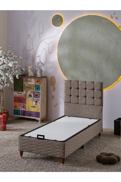 Beehanem Bengü 90x190 Tek Kişilik (Baza+Başlık+Yatak) 3 Lü Set(Keten Kahve) - 2