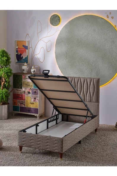 Beehanem Almula 90x190 Tek Kişilik (Baza+Başlık+Yatak) 3 Lü Set (Keten Kahve) - 3