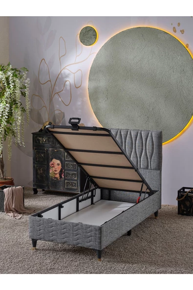 Beehanem Almula 90x190 Tek Kişilik (Baza+Başlık+Yatak) 3 Lü Set (Keten Gri) - 3
