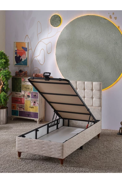 Beehanem Bengü 90x190 Tek Kişilik (Baza+Başlık+Yatak) 3 Lü Set (JeryyKrem) - 3