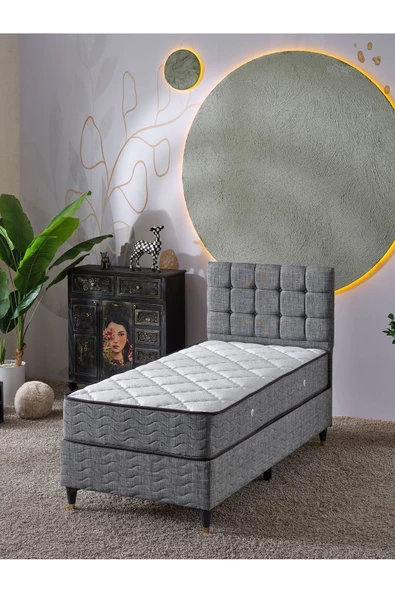 Beehanem Bengü 90x190 Tek Kişilik (Baza+Başlık+Yatak) 3 Lü Set(Keten Gri)