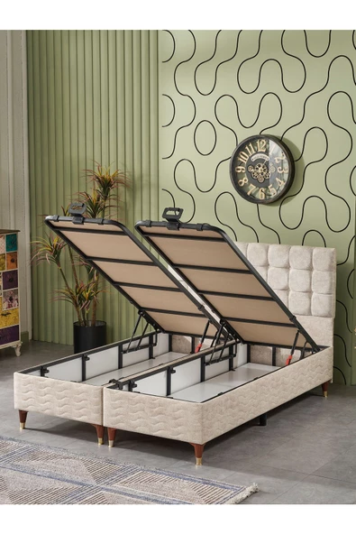 Beehanem 150x200 Bengü Çift Kişilik (BAZA+BAŞLIK+YATAK) 3 Lü Set (JERY KREM) - 3