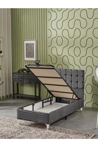 Beehanem Bengü 90x190 Tek Kişilik (Baza+Başlık+Yatak) 3 Lü Set (Jeryy Antrasit) - 3
