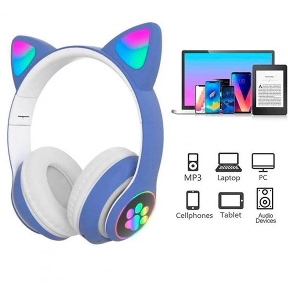 Sevimli Kedi LED Işıklı Katlanabilir Kablosuz Kulaküstü Bluetooth Kulaklık Uyumlu Mavi
