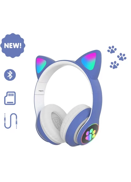 Sevimli Kedi LED Işıklı Katlanabilir Kablosuz Kulaküstü Bluetooth Kulaklık Uyumlu Mavi - 2