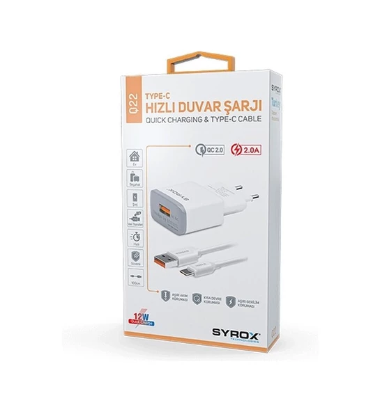 Syrox Q22 2.0A Type-C Quick Charging Hızlı Şarj Aleti Set