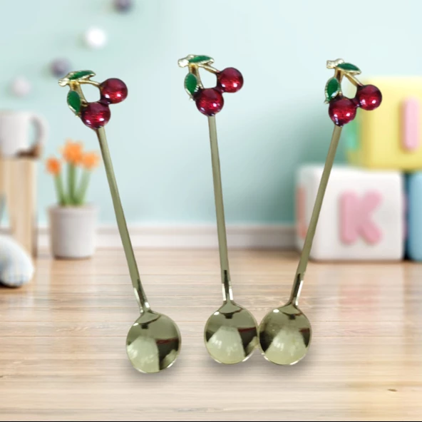 6 Adet Kirazlı Çay Kaşığı Seti Dekoratif Çay Kaşığı Seti - 3