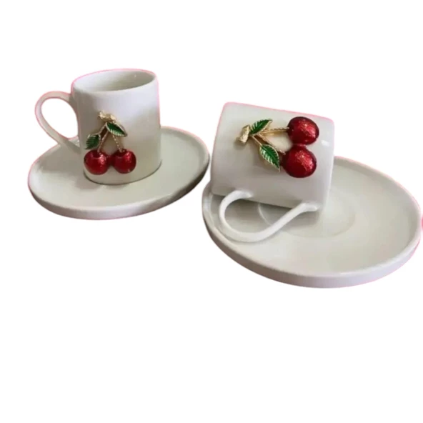 2 Kişilik Kirazlı Fincan Takımı 4 Parça Fincan Seti Kiraz Figürlü Türk Kahvesi Fincanı - 5