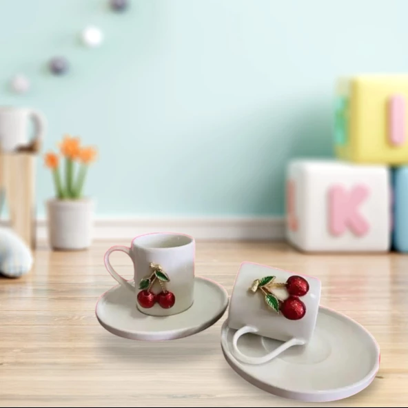 2 Kişilik Kirazlı Fincan Takımı 4 Parça Fincan Seti Kiraz Figürlü Türk Kahvesi Fincanı - 4