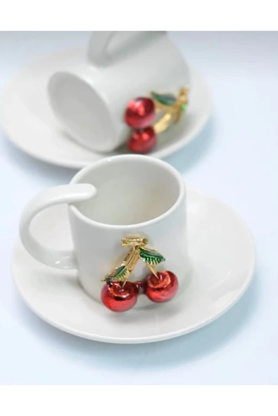 2 Kişilik Kirazlı Fincan Takımı 4 Parça Fincan Seti Kiraz Figürlü Türk Kahvesi Fincanı - 2
