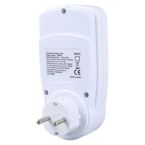 Zemheri Dijital Wattmetre Enerji Sarfiyat Ölçer Tüketim Ölçer Tekli Priz 220 Volt 16 Amper 3680 Watt - 6