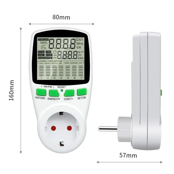 Zemheri Dijital Wattmetre Enerji Sarfiyat Ölçer Tüketim Ölçer Tekli Priz 220 Volt 16 Amper 3680 Watt - 3