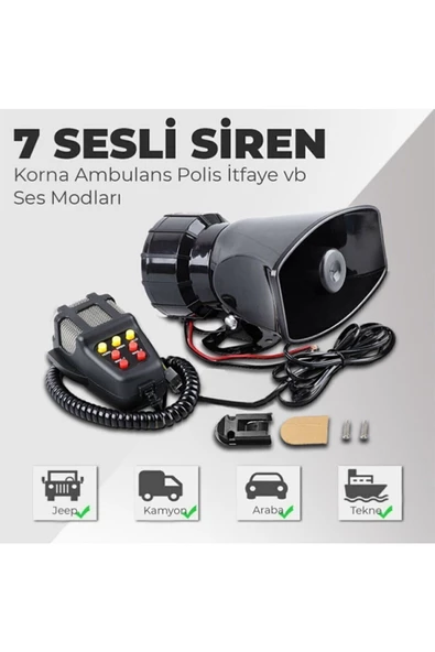 STS Oto Aksesuar Her Araca Uyumlu Universal 7 Sesli Konuşmalı Mikrofonlu Megafonlu Polis Siren