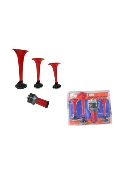 Oscar 3 Borulu Havalı Korna 12 Volt Motorlu Kırmızı - Resim 2