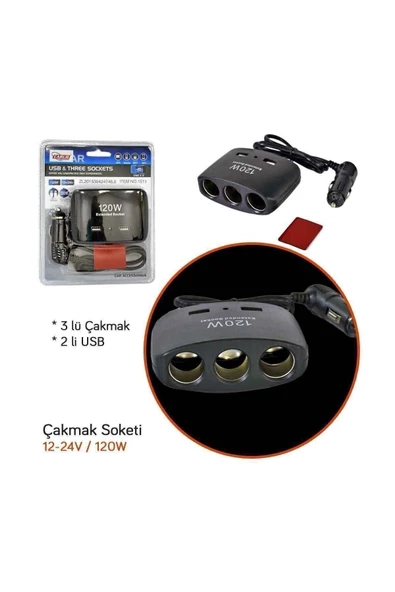Carub Çakmak Çogaltıcı Soket Kablolu 3 Lü 2 Usb 120w 12v/24v - 2
