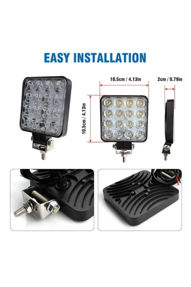 ARSVİSİON Off Road Beyaz Işık Sis Farı Lambası 16 Led Kare 4 Adet-12-24v 48 Watt 6500k 11 Cm