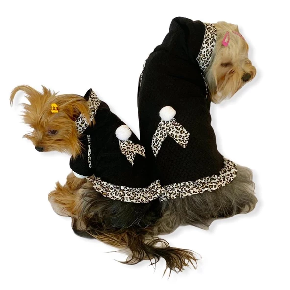 Leopard Black Kapşonlu Sweat Elbise by Kemique Köpek Kazağı - 5