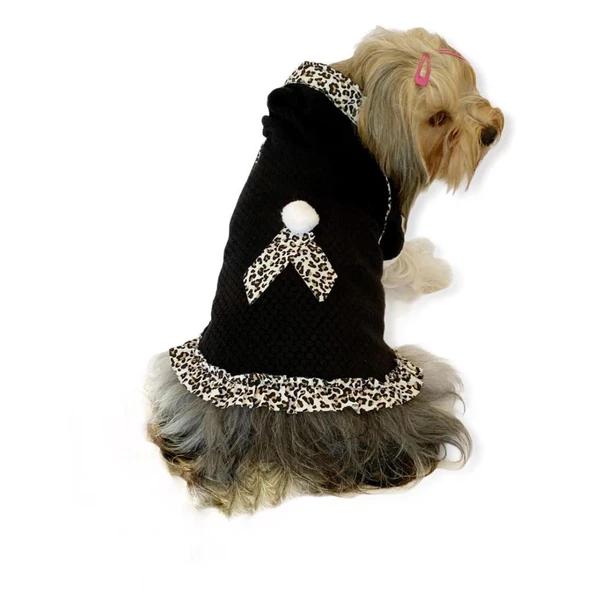 Leopard Black Kapşonlu Sweat Elbise by Kemique Köpek Kazağı - 8