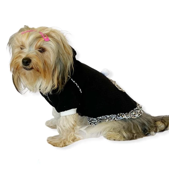 Leopard Black Kapşonlu Sweat Elbise by Kemique Köpek Kazağı - 2