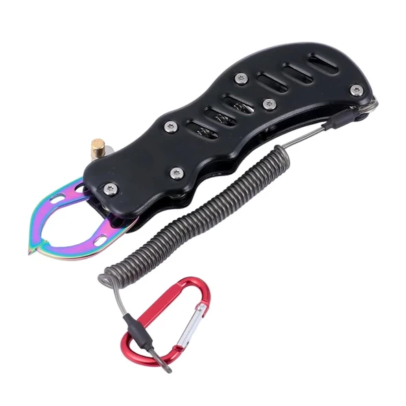 Oskar Alüminyum Balık Tutucu Gripper Yaylı Karabinalı - Siyah