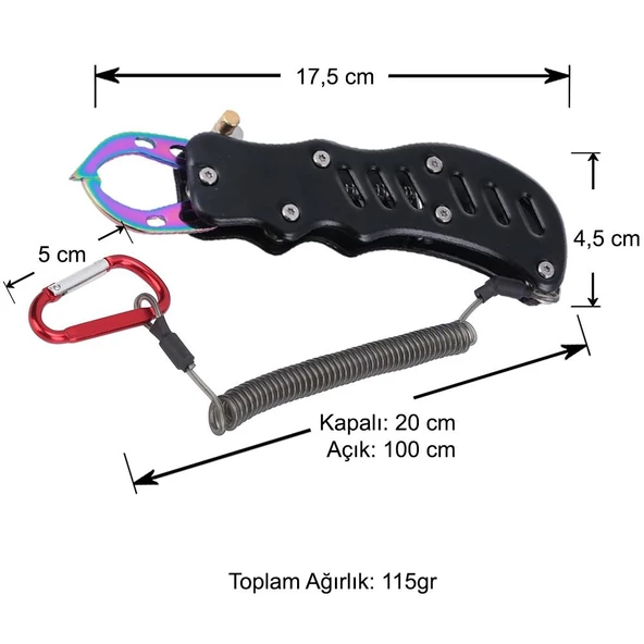 Oskar Alüminyum Balık Tutucu Gripper Yaylı Karabinalı - Siyah - 4