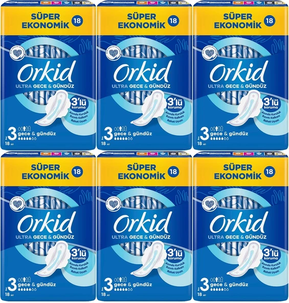 Orkid Hijyenik Ped Ultra Extra Koruma Gece&Gündüz 108 Adet Süper Ekonomik Pk (6PK*18)