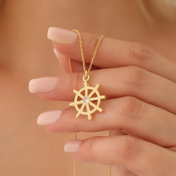 925 Ayar Gümüş Taşlı Gemi Dümeni Kolye - Resim 3