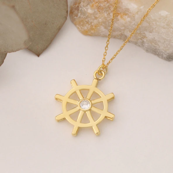 925 Ayar Gümüş Taşlı Gemi Dümeni Kolye - Resim 2