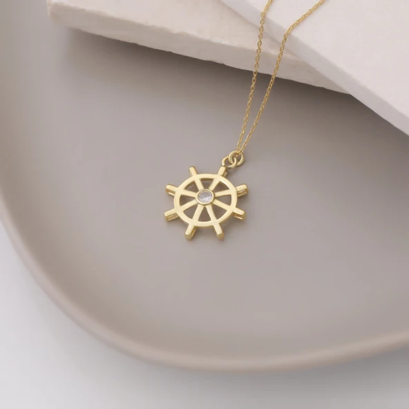 925 Ayar Gümüş Taşlı Gemi Dümeni Kolye - Resim 4