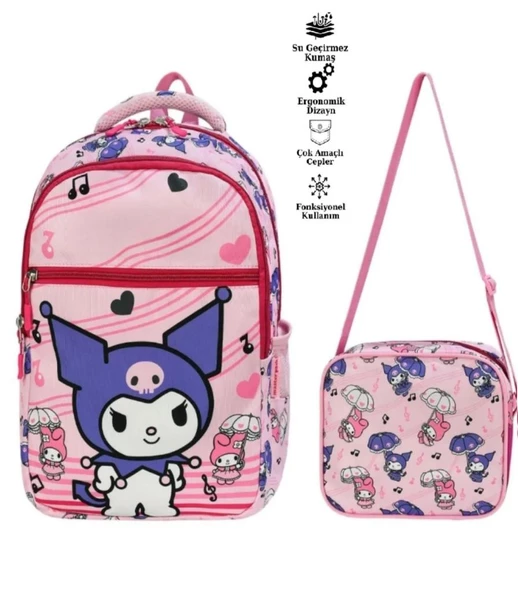 ilkokul Kuromi karakterli Kız Çocuk 2 Li Ortopedik Okul Çantası Seti (OKUL ÇANTASI + BESLENME) pembe ürün görseli