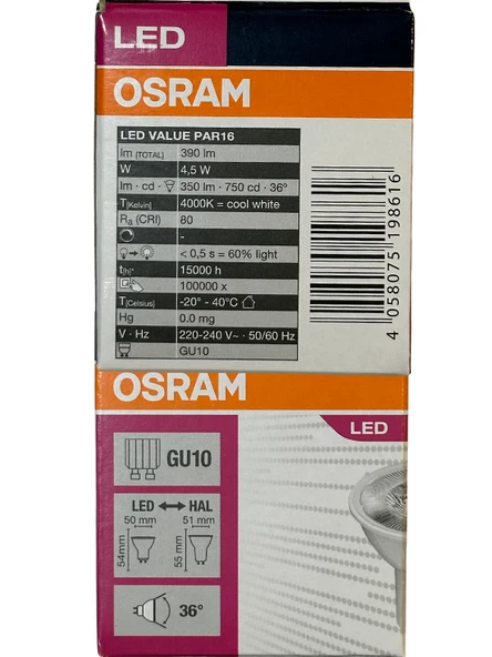 Osram 4.5W (50W) 4000K (Günışığı) GU10 Duylu Par16 Led Spot (8 Adet) - 4