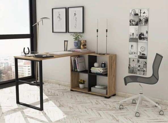 Sakura Liva Metal Ayaklı 4 Raflı Çalışma Masası-Atlantik Çam-Siyah - 5