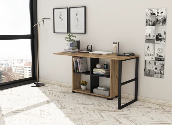 Sakura Liva Metal Ayaklı 4 Raflı Çalışma Masası-Atlantik Çam-Siyah - 4