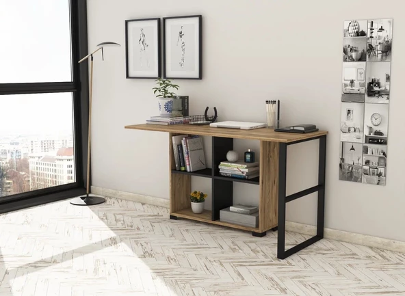 Sakura Liva Metal Ayaklı 4 Raflı Çalışma Masası-Atlantik Çam-Siyah - 7