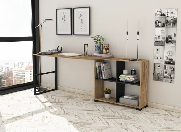 Sakura Liva Metal Ayaklı 4 Raflı Çalışma Masası-Atlantik Çam-Siyah - 8