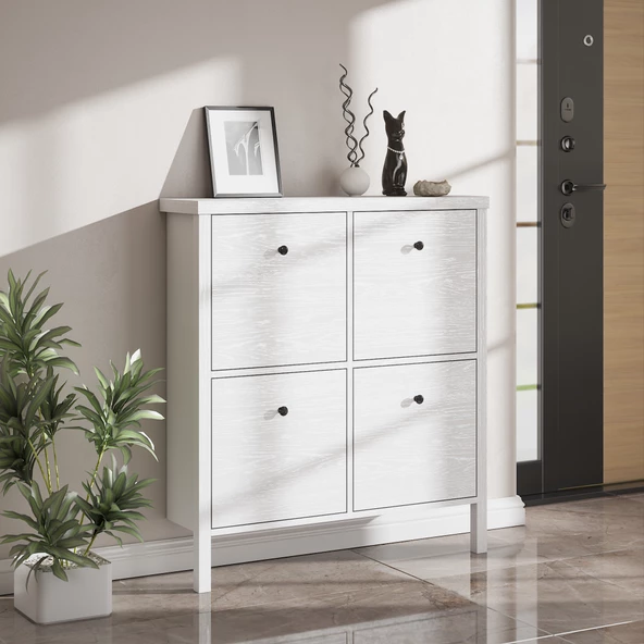 Sakura Floransa  4 kapaklı ayakkabılık -Wood Beyaz-Minifiks Bağlantılı
