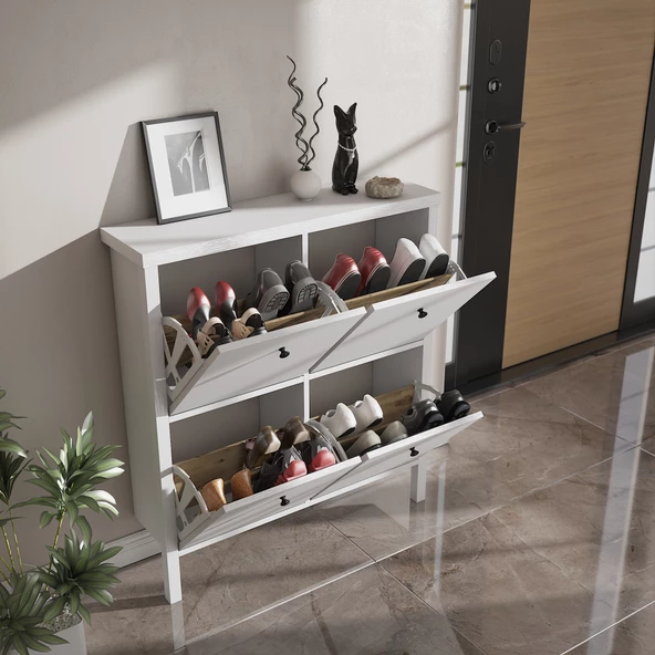 Sakura Floransa  4 kapaklı ayakkabılık -Wood Beyaz-Minifiks Bağlantılı - 4