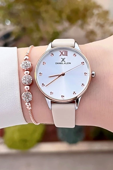 Daniel Klein DKISTE1328 Kasası Rose Gümüş Kordonu Krem Renk Hediye Paketli Kadın Kol Saati ve Bileklik - Resim 3