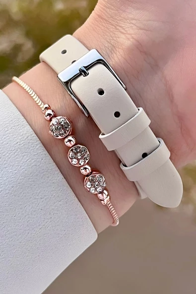 Daniel Klein DKISTE1328 Kasası Rose Gümüş Kordonu Krem Renk Hediye Paketli Kadın Kol Saati ve Bileklik - Resim 5