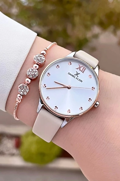 Daniel Klein DKISTE1328 Kasası Rose Gümüş Kordonu Krem Renk Hediye Paketli Kadın Kol Saati ve Bileklik - Resim 2