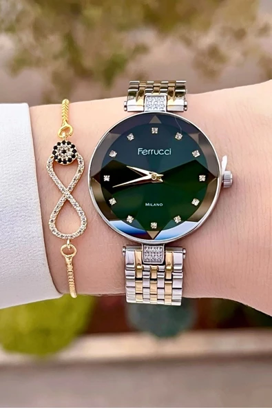 Ferrucci FCISTE312 Kadranı Yeşil Kordonu Gold Gümüş Renk Hediye Paketli Kadın Kol Saati ve Bileklik - Resim 3