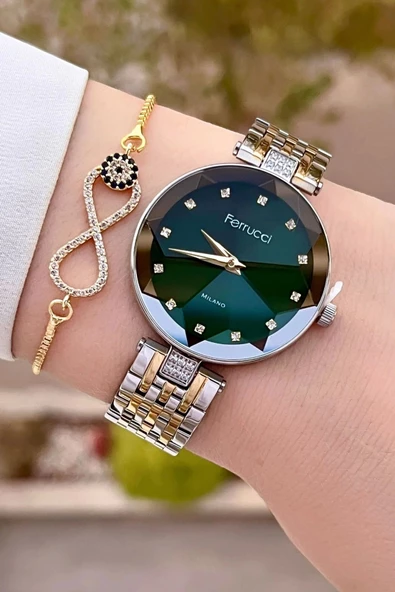 Ferrucci FCISTE312 Kadranı Yeşil Kordonu Gold Gümüş Renk Hediye Paketli Kadın Kol Saati ve Bileklik - Resim 2
