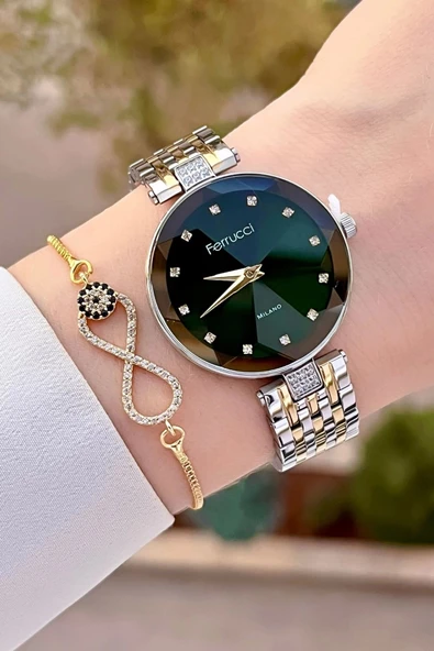 Ferrucci FCISTE312 Kadranı Yeşil Kordonu Gold Gümüş Renk Hediye Paketli Kadın Kol Saati ve Bileklik - Resim 4