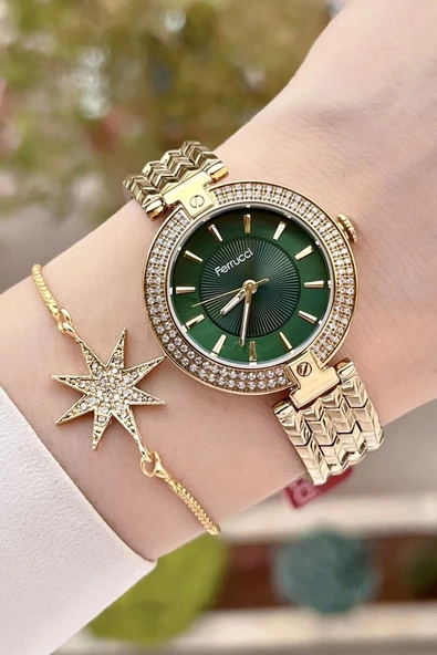 Ferrucci FCISTE301 Kadranı Yeşil Kordonu Gold Renk Hediye Paketli Kadın Kol Saati ve Bileklik - Resim 4
