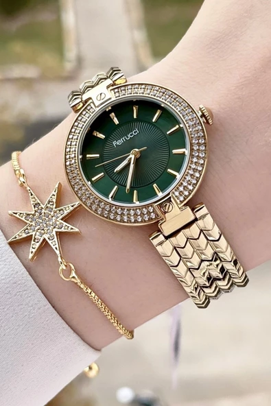 Ferrucci FCISTE301 Kadranı Yeşil Kordonu Gold Renk Hediye Paketli Kadın Kol Saati ve Bileklik ürün görseli 1