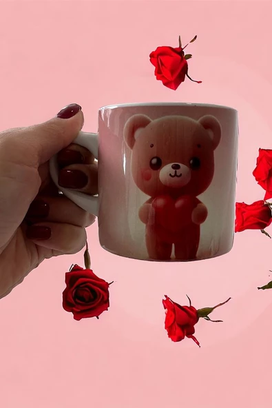 Kupa,kalpli ayıcıklı kupa,sevgililer günü hediyesi ,kalpli kupa